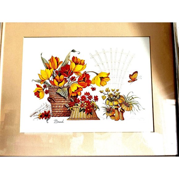 VTG 1960s Artist Signed Painting Print Still Life Flower Mushroom Metal Framed - Picture 3 of 8